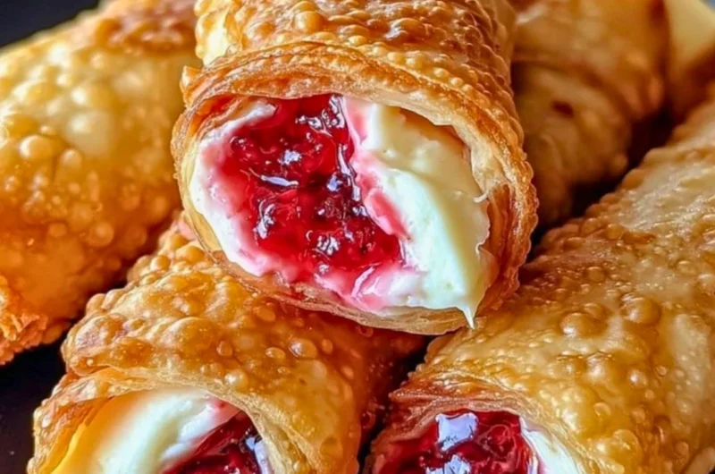 Strawberry Cheesecake Eggrolls served on a plate with fresh strawberries