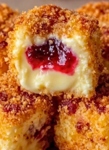 Delicious Strawberry Crunch Cheesecake Bites with strawberry topping