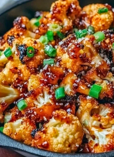 Sweet and spicy baked cauliflower garnished with herbs.