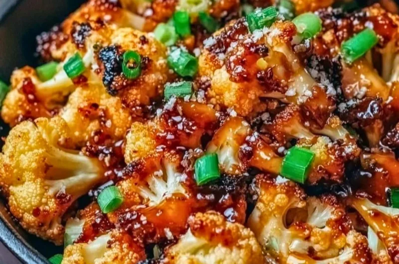 Sweet and spicy baked cauliflower garnished with herbs.