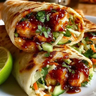 Sweet chili chicken wraps filled with fresh ingredients and drizzled with sauce.