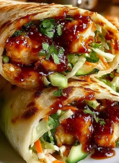 Sweet chili chicken wraps filled with fresh ingredients and drizzled with sauce.