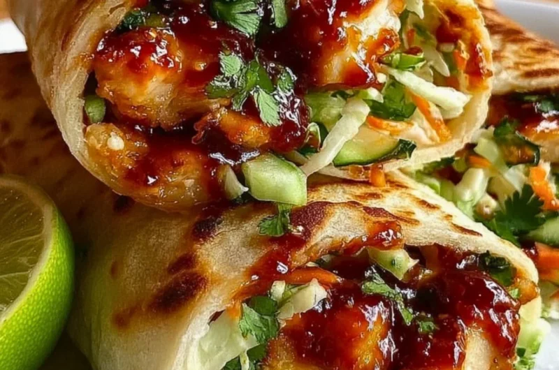 Sweet chili chicken wraps filled with fresh ingredients and drizzled with sauce.