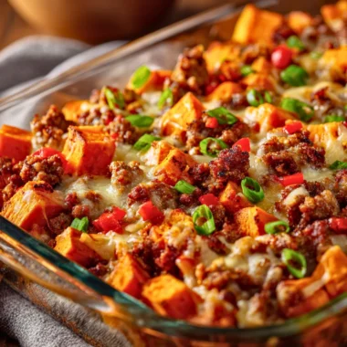 Delicious Sweet Potato and Sausage Casserole ready to serve