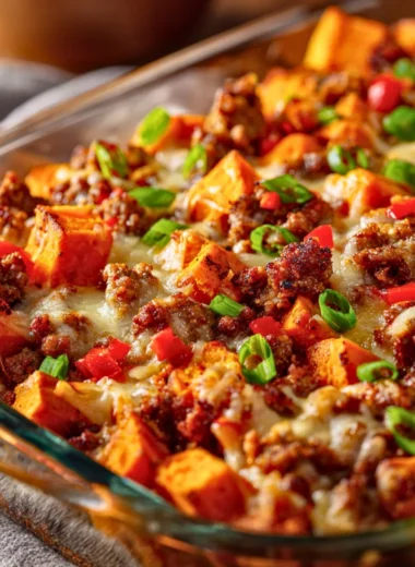 Delicious Sweet Potato and Sausage Casserole ready to serve