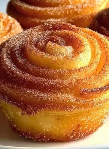 Delicious churro cruffins dusted with cinnamon sugar and filled with sweet goodness.