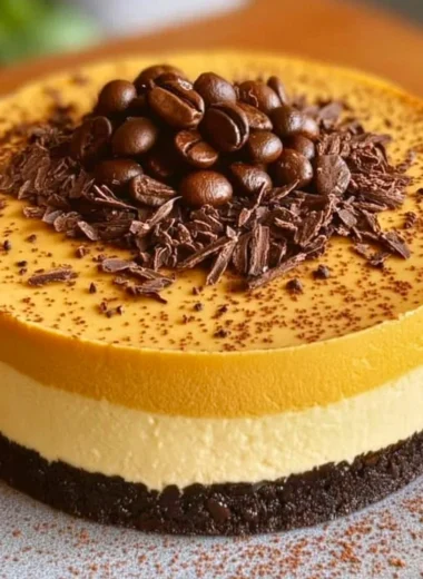 Ultimate Coffee Lover's Cheesecake topped with coffee beans and chocolate shavings