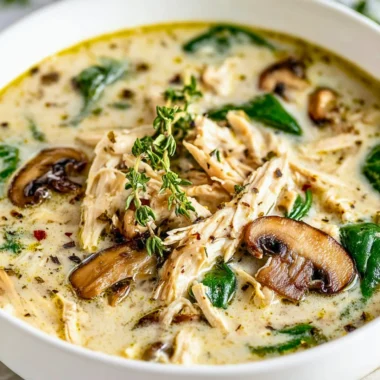 Bowl of homemade rotisserie chicken and mushroom chicken soup with herbs.