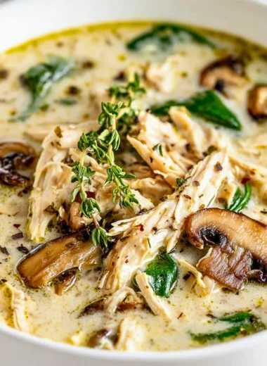 Bowl of homemade rotisserie chicken and mushroom chicken soup with herbs.