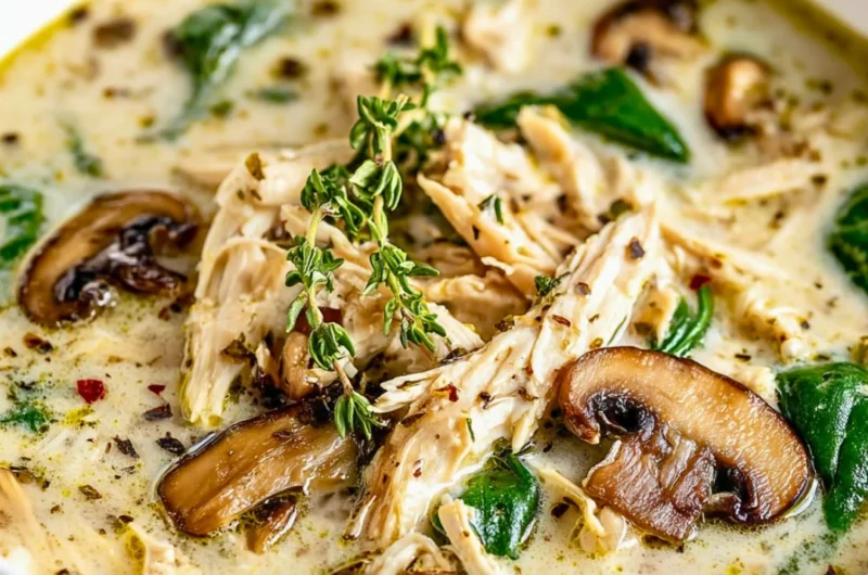 Bowl of homemade rotisserie chicken and mushroom chicken soup with herbs.