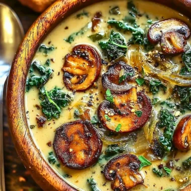 Delicious wild mushroom soup with caramelized onions and kale in a bowl