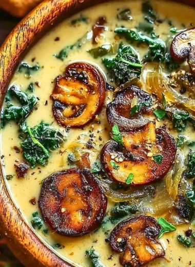 Delicious wild mushroom soup with caramelized onions and kale in a bowl