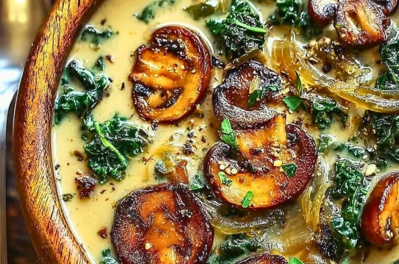 Delicious wild mushroom soup with caramelized onions and kale in a bowl