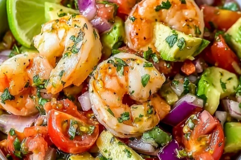 Zesty Lime Shrimp and Avocado Salad garnished with lime slices
