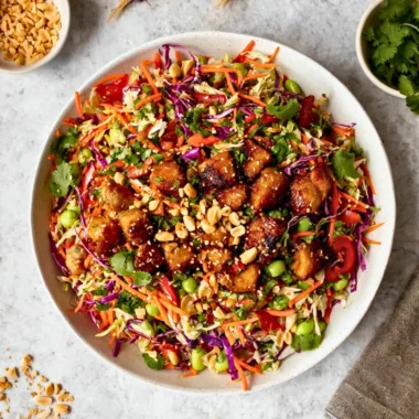 Colorful Asian Chicken Crunch Salad with fresh ingredients and crunch toppings