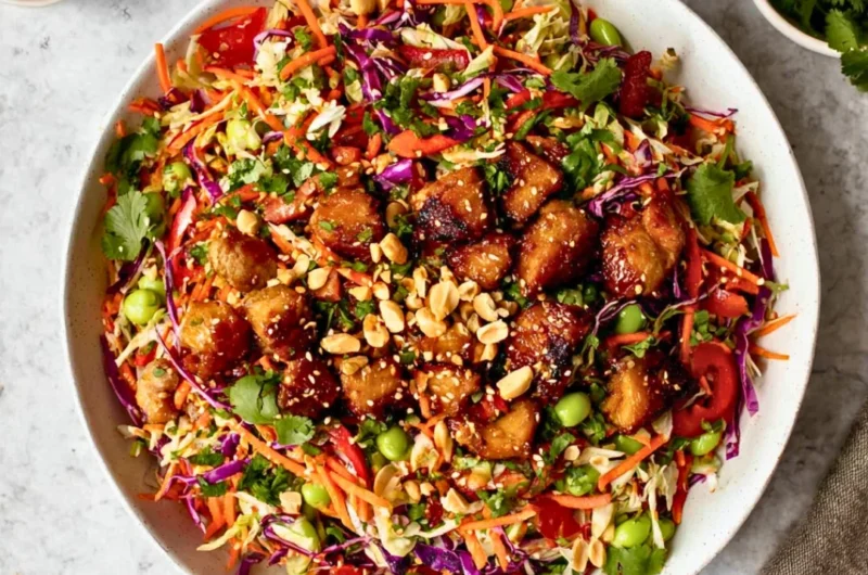 Colorful Asian Chicken Crunch Salad with fresh ingredients and crunch toppings