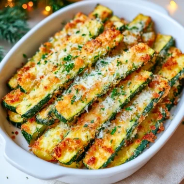 Baked Parmesan Zucchini garnished with herbs on a plate