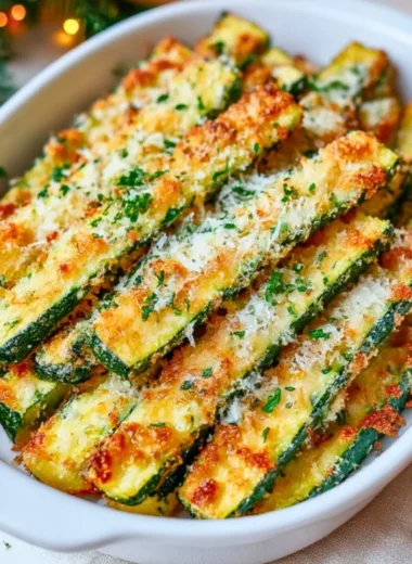 Baked Parmesan Zucchini garnished with herbs on a plate
