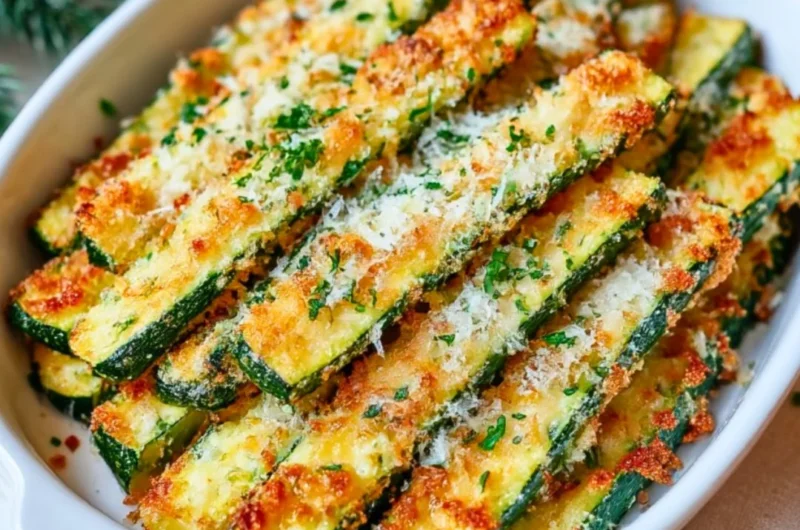 Baked Parmesan Zucchini garnished with herbs on a plate