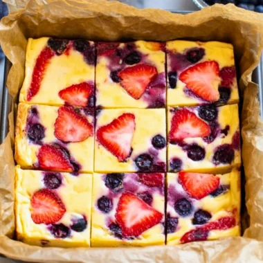 Homemade baked yogurt served in a stylish dish with fresh berries.
