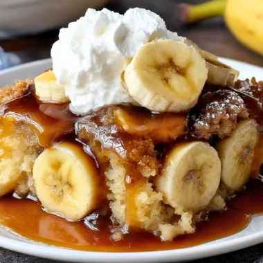Delicious Bananas Foster Cobbler topped with caramelized bananas and sauce.