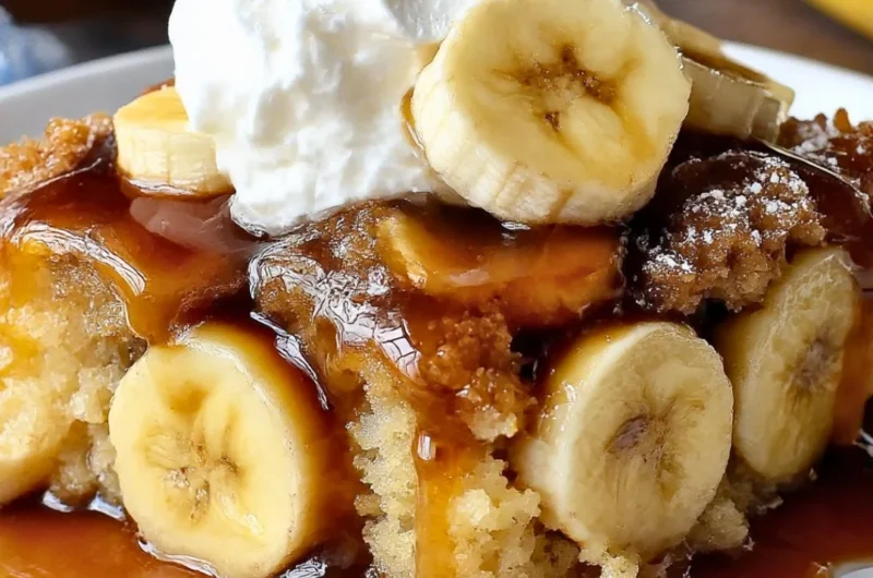 Delicious Bananas Foster Cobbler topped with caramelized bananas and sauce.