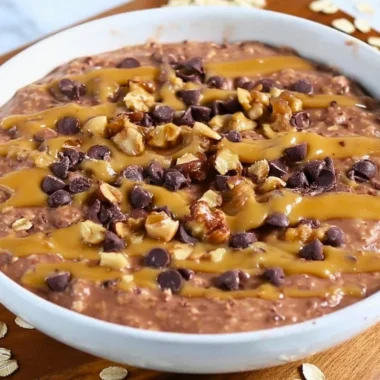 Delicious brownie batter overnight oats topped with chocolate and nuts.
