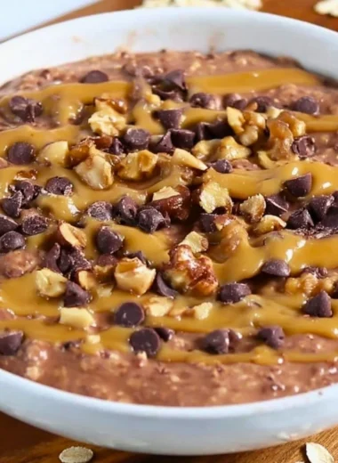 Delicious brownie batter overnight oats topped with chocolate and nuts.