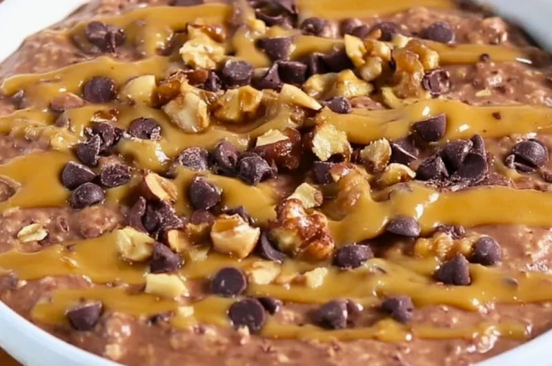 Delicious brownie batter overnight oats topped with chocolate and nuts.