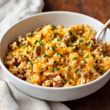 Cheesy beef rice casserole with ground beef, rice, and melted cheese