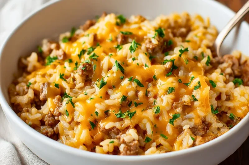 Cheesy beef rice casserole with ground beef, rice, and melted cheese