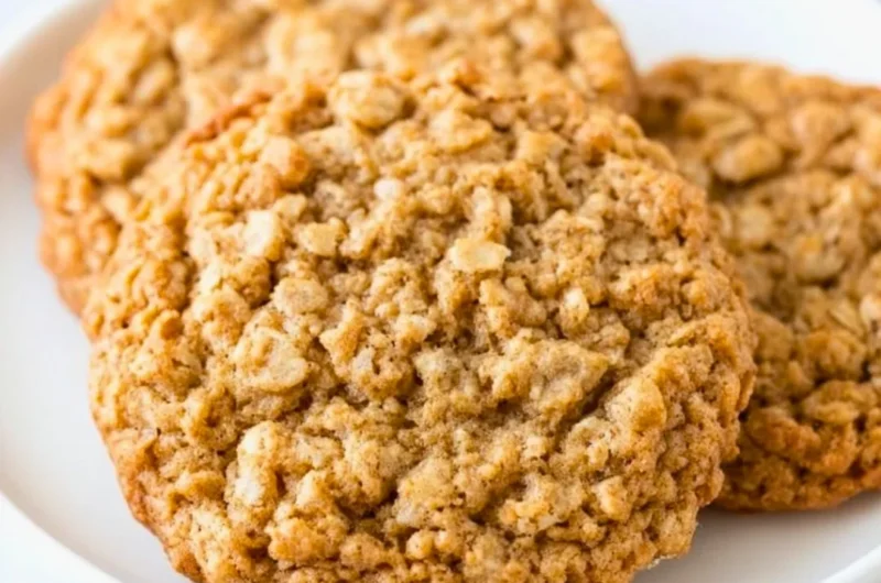 Freshly baked chewy oatmeal cookies on a cooling rack