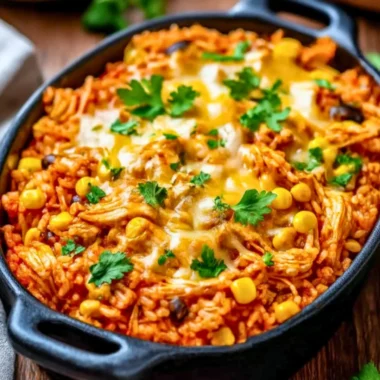 Delicious Chicken Enchilada Rice Casserole topped with cheese and fresh garnishes