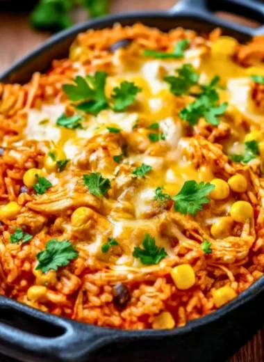 Delicious Chicken Enchilada Rice Casserole topped with cheese and fresh garnishes
