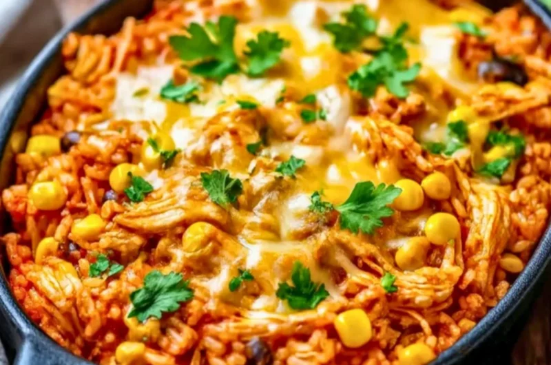 Delicious Chicken Enchilada Rice Casserole topped with cheese and fresh garnishes
