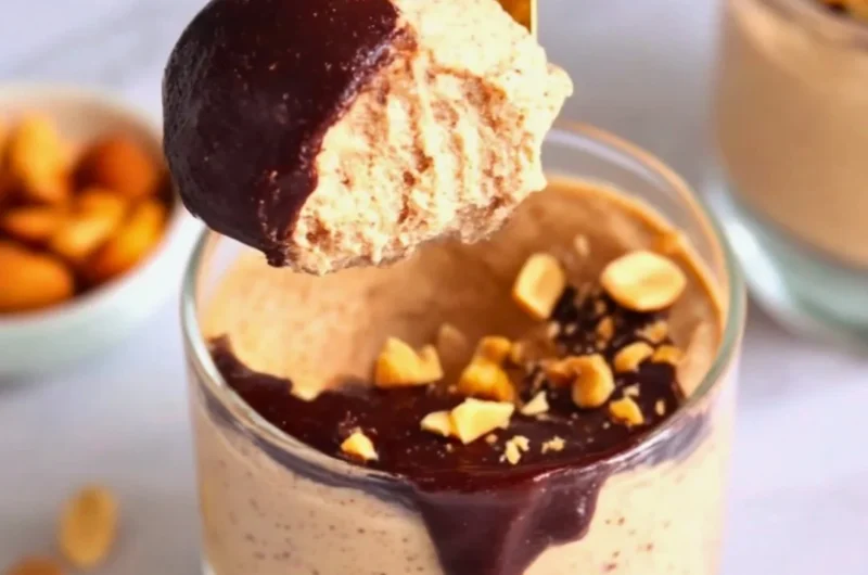 Cottage Cheese Peanut Butter Mousse served in a bowl with a spoon