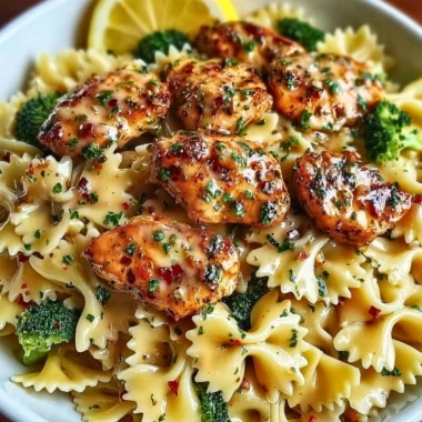 Delicious Cowboy Butter Lemon Bowtie Chicken served with broccoli.