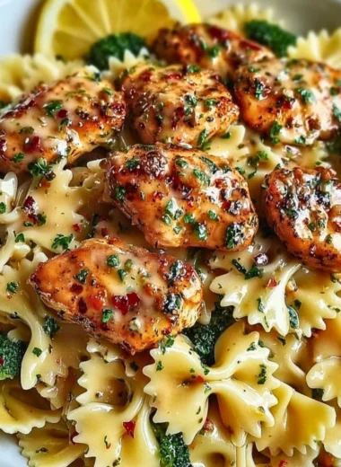 Delicious Cowboy Butter Lemon Bowtie Chicken served with broccoli.