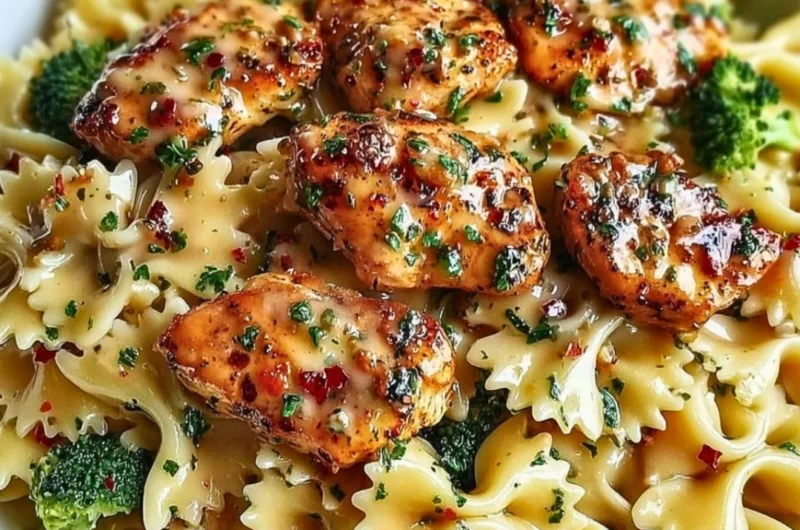 Delicious Cowboy Butter Lemon Bowtie Chicken served with broccoli.
