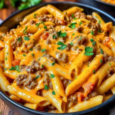 A plate of creamy beef pasta garnished with herbs, showcasing the rich sauce and tender meat.