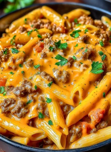 A plate of creamy beef pasta garnished with herbs, showcasing the rich sauce and tender meat.