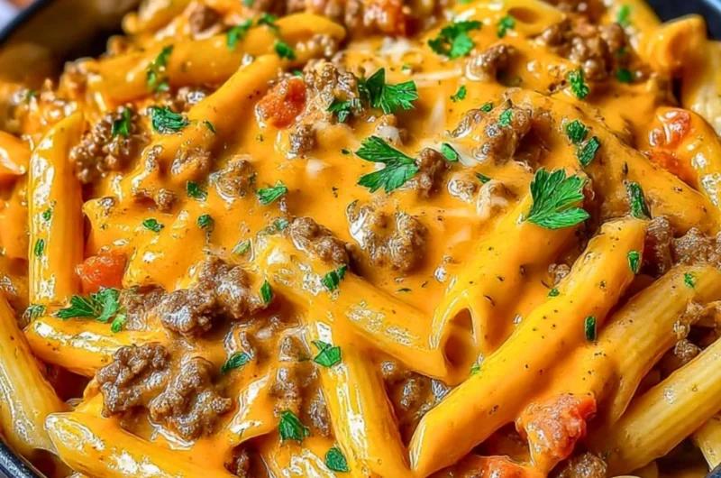 A plate of creamy beef pasta garnished with herbs, showcasing the rich sauce and tender meat.