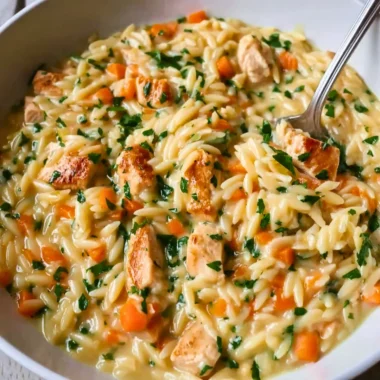 Delicious creamy chicken pot pie orzo served in a bowl