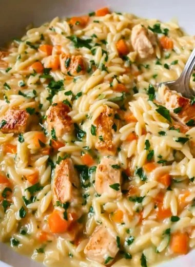 Delicious creamy chicken pot pie orzo served in a bowl