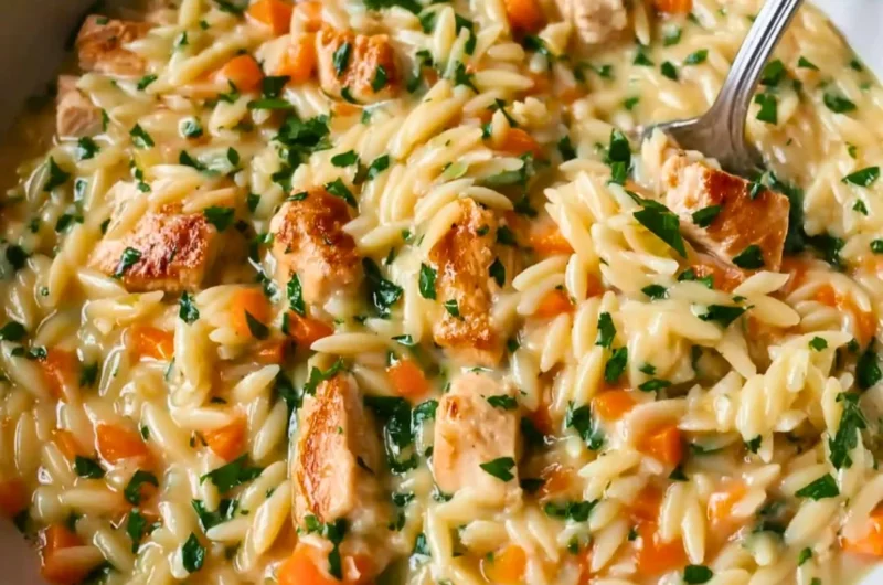 Delicious creamy chicken pot pie orzo served in a bowl
