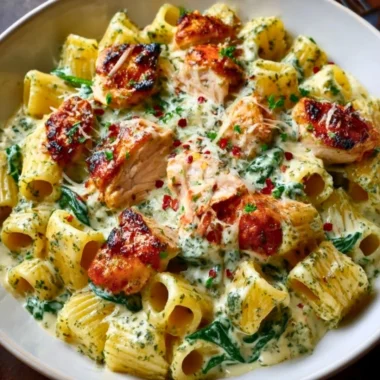 Creamy pesto chicken pasta dish with fresh basil and grated cheese