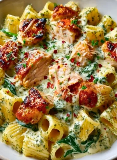 Creamy pesto chicken pasta dish with fresh basil and grated cheese