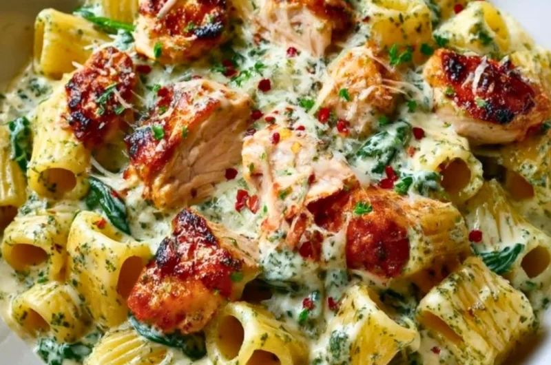 Creamy pesto chicken pasta dish with fresh basil and grated cheese