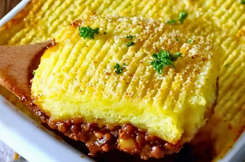 Easy vegan shepherd's pie topped with creamy mashed potatoes and vegetables