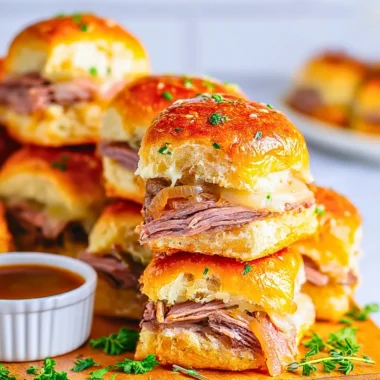 Delicious French Dip Sliders with beef, cheese, and au jus in a serving platter.
